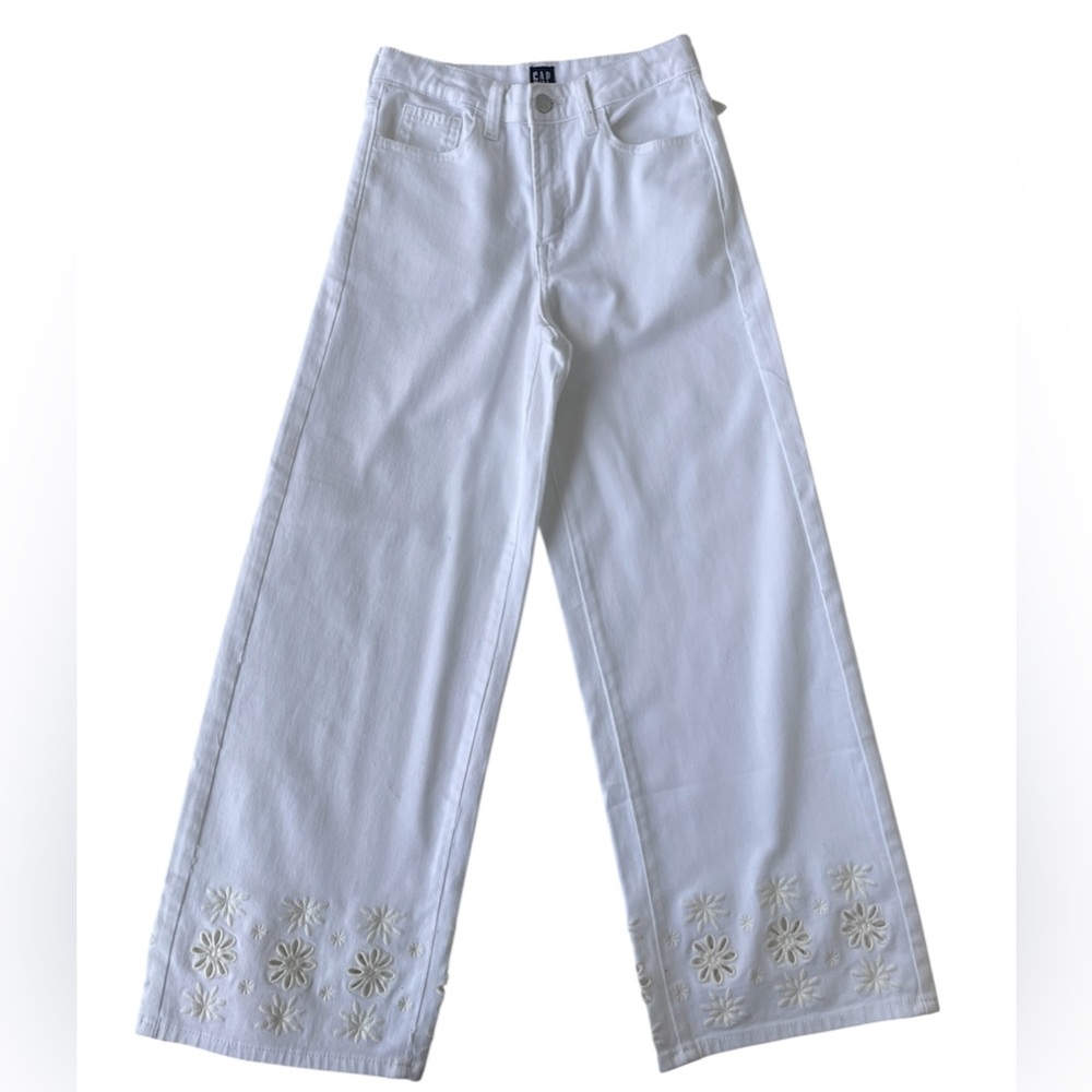 GAP Denim Jeans White Girl's 14 Slim Wide Leg Embroidery Adjustable 5 Pocket New